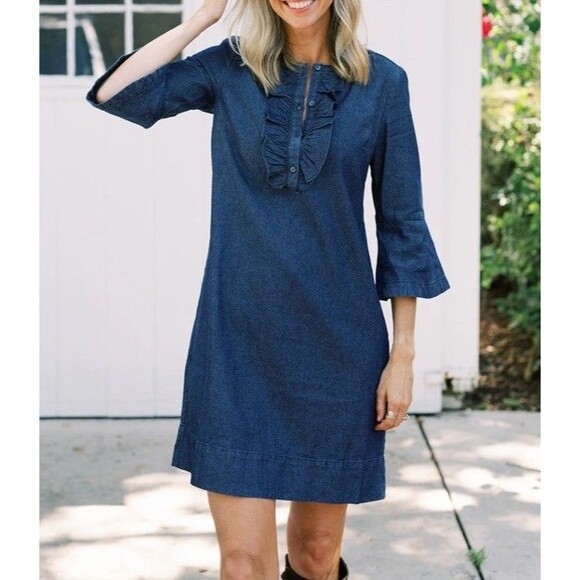 Draper James Denim Blue Chambray Ruffle Shift Dress Sz 8 Western Preppy Church - Picture 1 of 16